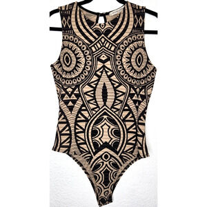 Vintage Y2K Women Mesh Bodysuit Medium Tan Black Tribal Festival Print Tank Top